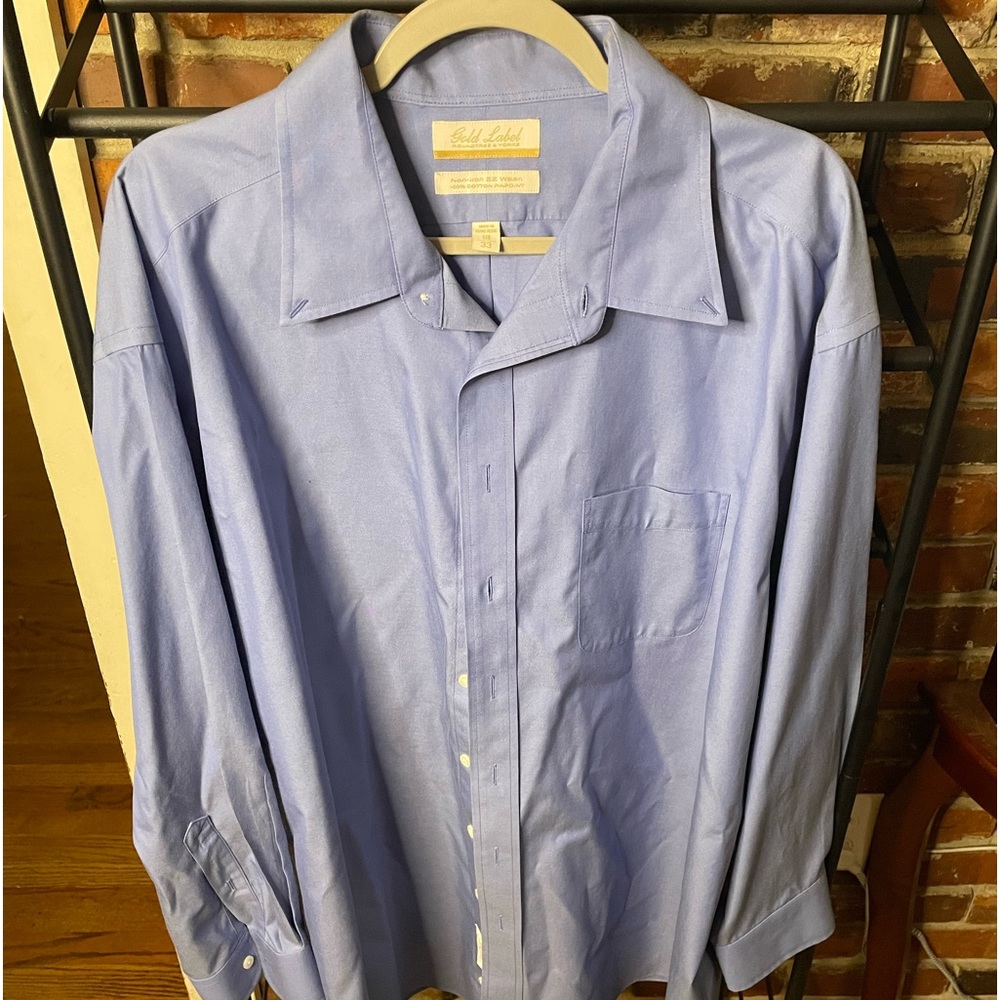 Light Blue, Gold Label Roundtree & Yorke Men’s SZ 18, 100% cotton, Hong Kong,